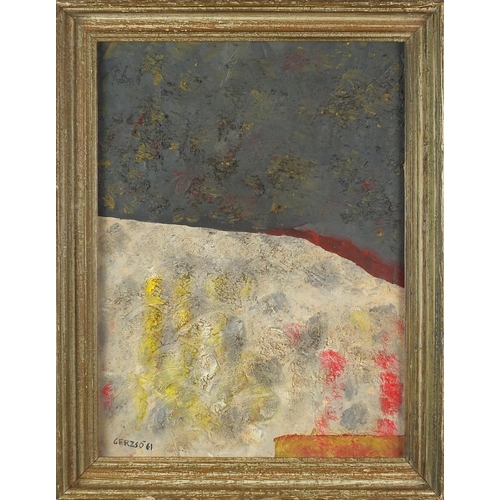 1198 - Abstract composition, oil onto board, bearing a signature Gerzso'61 and inscription verso, framed, 4... 