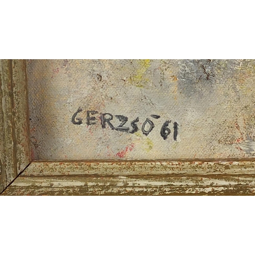 1198 - Abstract composition, oil onto board, bearing a signature Gerzso'61 and inscription verso, framed, 4... 