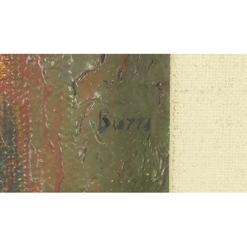 1163 - Abstract composition, impasto oil onto canvas board, bearing a signature Butta, inscription verso, m... 