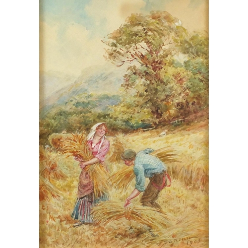 1229 - Walter Duncan - Gathering corn, watercolour onto card, mounted and framed, 27.5cm x 18.5cm