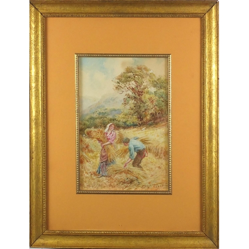 1229 - Walter Duncan - Gathering corn, watercolour onto card, mounted and framed, 27.5cm x 18.5cm