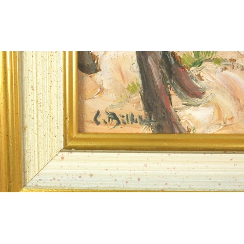 1202 - St Palais, coastal scene, oil onto board, bearing an indistinct signature C Dil...? and inscription ... 