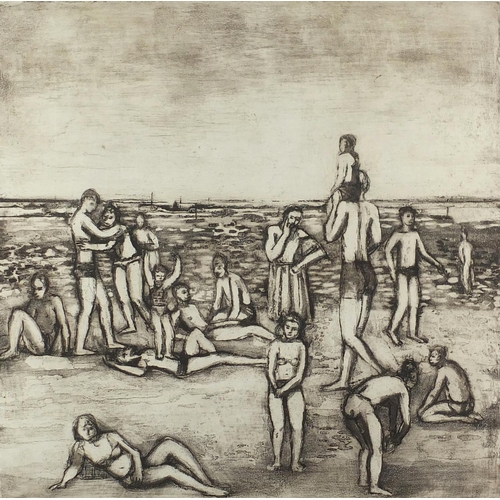 1430 - Anthony Farrell 1973 - Bathers on the beach, pencil signed black and white etching, limited edition ... 