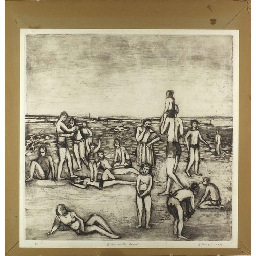 1430 - Anthony Farrell 1973 - Bathers on the beach, pencil signed black and white etching, limited edition ... 