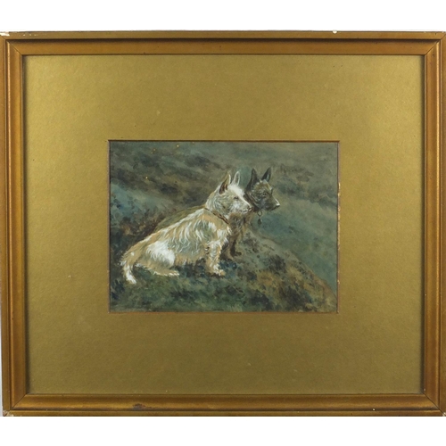 1201 - Two Scotty dogs, 19th century heightened watercolour, label verso, mounted and framed, 19cm x 14cm