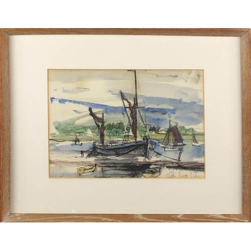 1162 - John Knapp Fisher 1962 - Moored sailing boats, ink and watercolour, mounted and framed, 22.5cm x 16c... 