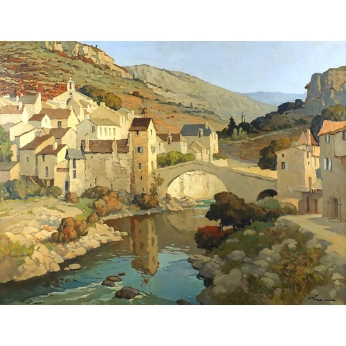 1183 - Montfort village, France, oil onto canvas, bearing a signature Vie, mounted and framed, 116cm x 89cm