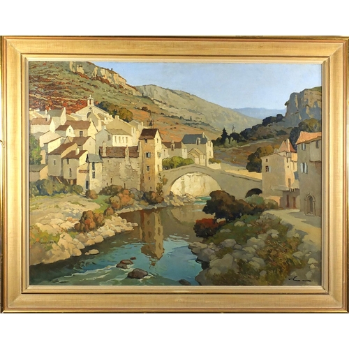 1183 - Montfort village, France, oil onto canvas, bearing a signature Vie, mounted and framed, 116cm x 89cm