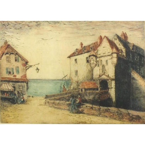 1426 - Townscape and a fishing village, two pencil signed coloured etchings, both mounted and framed, the l... 