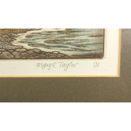 1425 - Mary E Taylor - Thames coast, Coromander, pencil signed coloured etching, limited edition 83/120, mo... 