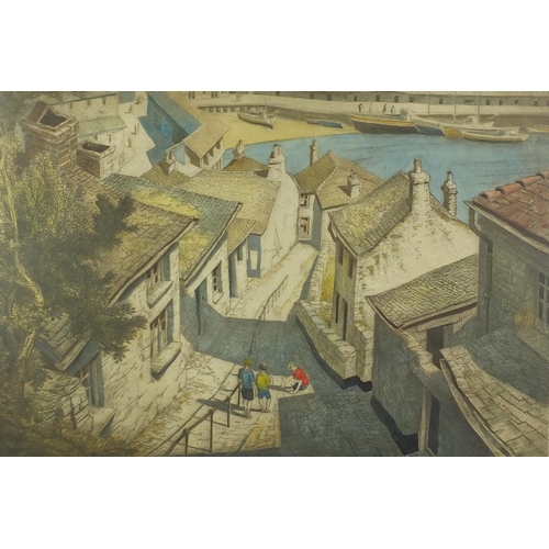 1435 - Down along Newlyn, pencil signed coloured etching, indistinctly signed, mounted and framed, 49cm x 3... 