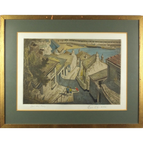 1435 - Down along Newlyn, pencil signed coloured etching, indistinctly signed, mounted and framed, 49cm x 3... 