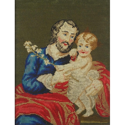 139 - 19th Century needlepoint of a father and child, the mount inscribed J A Bradshaw aged 11 years 1850,... 
