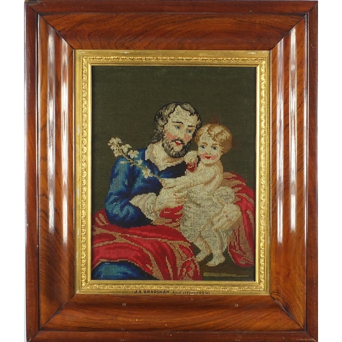 139 - 19th Century needlepoint of a father and child, the mount inscribed J A Bradshaw aged 11 years 1850,... 