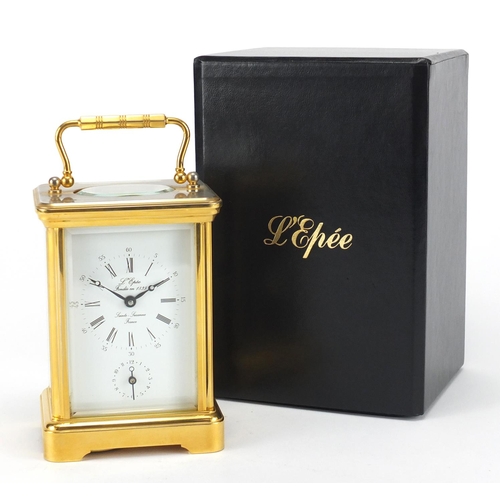 1130 - French brass cased carriage alarm clock by L'Epée with subsidiary dial, guarantee and box, the clock... 