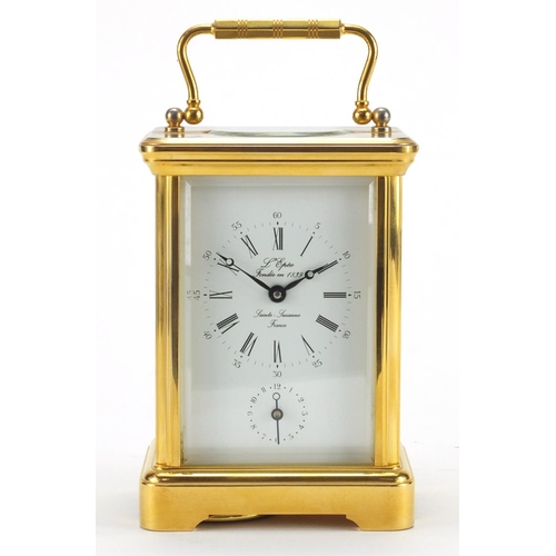 1130 - French brass cased carriage alarm clock by L'Epée with subsidiary dial, guarantee and box, the clock... 