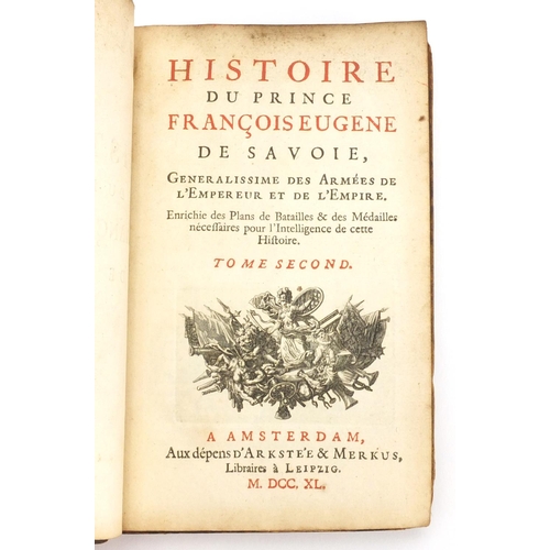 273A - Histoire Du Prince François Eugene De Savoie, leather bound hard back book with pull out maps, Amers... 