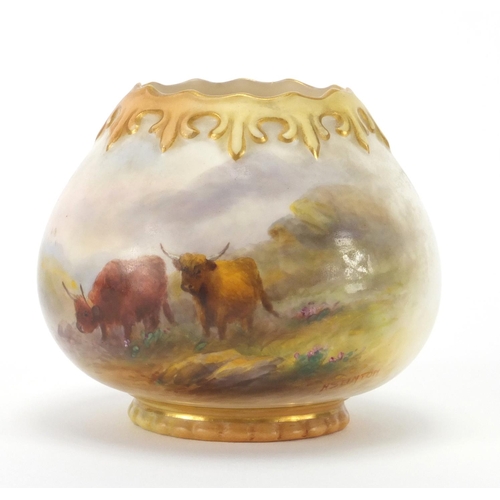 705 - Royal Worcester porcelain vase hand painted with highland cattle by H Stinton, factory marks and num... 