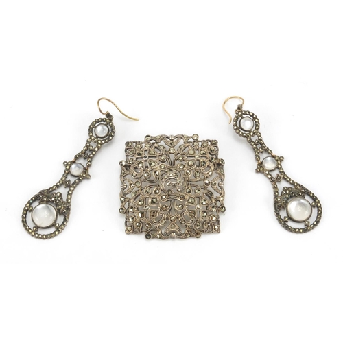 1012 - Pair of unmarked white metal moonstone and marcasite earrings and marcasite brooch, the earrings 6cm... 