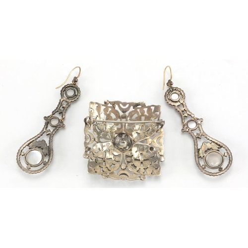 1012 - Pair of unmarked white metal moonstone and marcasite earrings and marcasite brooch, the earrings 6cm... 