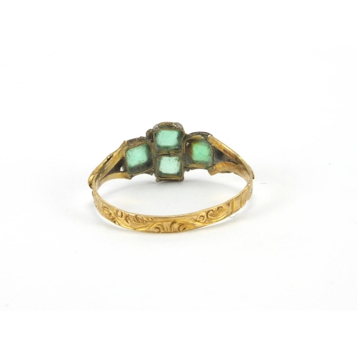 1050 - Antique 9ct gold green stone ring, size J, approximate weight 0.8g