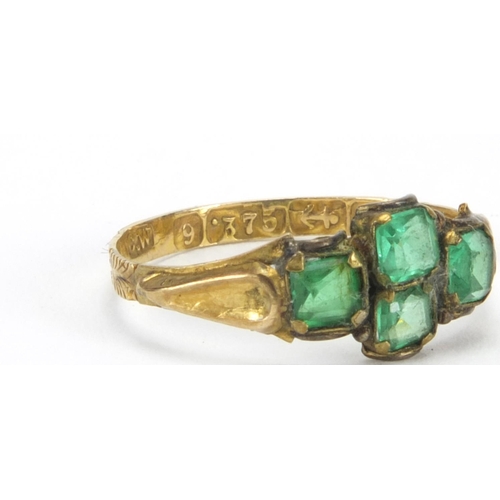 1050 - Antique 9ct gold green stone ring, size J, approximate weight 0.8g