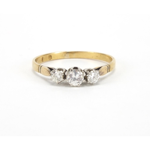 1039 - 18ct gold diamond three stone, size P, approximate weight 2.2g