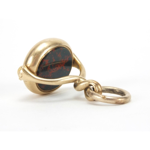 1038 - Victorian unmarked gold and bloodstone spinner seal fob, 3cm high, approximate weight 11.0g