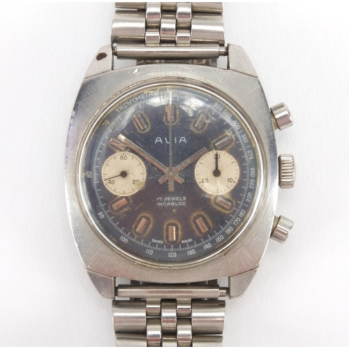 1070 - Vintage Avia chronograph stainless steel wristwatch with blue dial, the case approximately 3.8cm wid... 