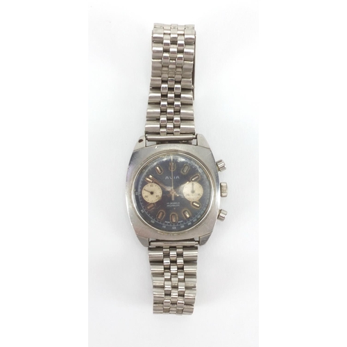 1070 - Vintage Avia chronograph stainless steel wristwatch with blue dial, the case approximately 3.8cm wid... 
