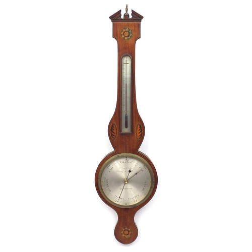 1143 - 19th century inlaid mahogany banjo barometer by L Nagretli & Sons of Bristol with with broken arch p... 