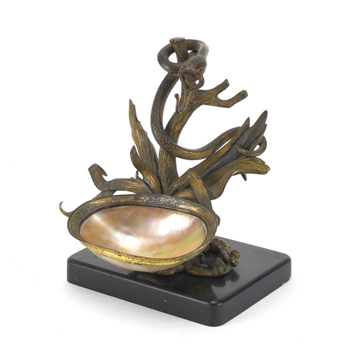 62 - 19th century gilt bronze pocket watch stand in the form of a serpent around a tree, on rectangular b... 