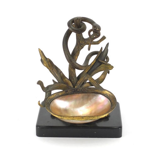 62 - 19th century gilt bronze pocket watch stand in the form of a serpent around a tree, on rectangular b... 