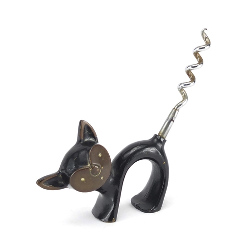 87 - Novelty Bronze cat corkscrew, probably by Karl Hagenauer, impressed L to the base, 11cm high