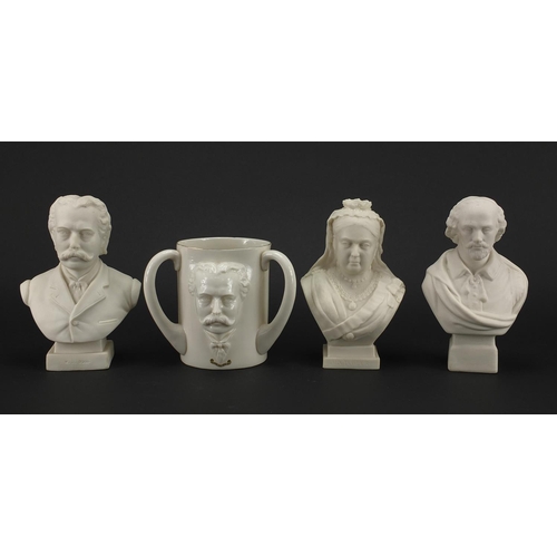 703 - Three Parianware busts two by W H Goss, together with a Tyg decorated in relief with the founder W H... 