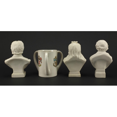 703 - Three Parianware busts two by W H Goss, together with a Tyg decorated in relief with the founder W H... 