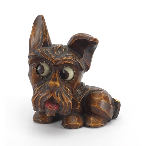 1136 - Black Forest novelty carved wooden dog clock with rotating eyes, brass plaque to the reverse engrave... 