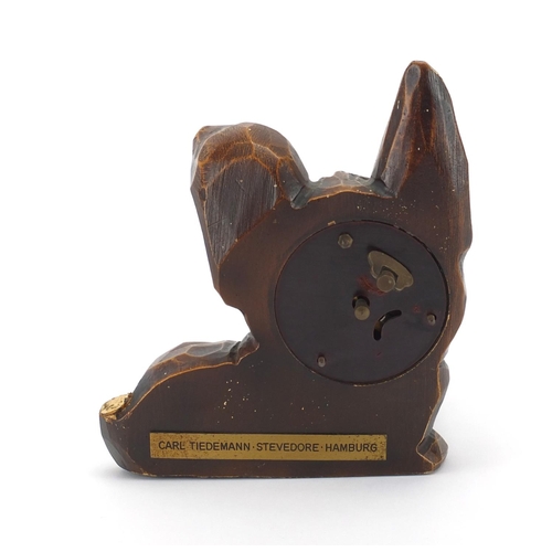 1136 - Black Forest novelty carved wooden dog clock with rotating eyes, brass plaque to the reverse engrave... 