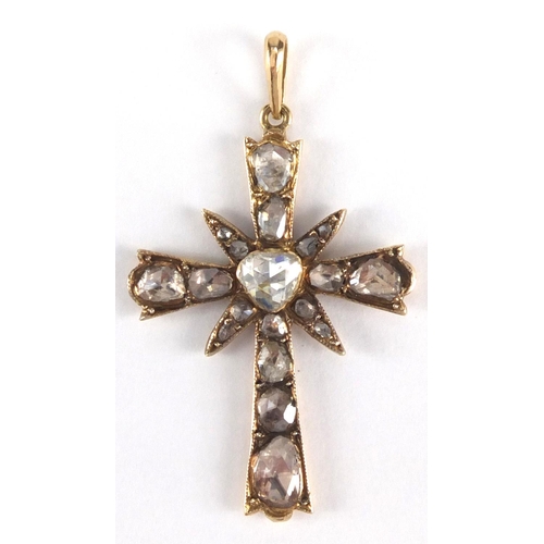 960 - Antique unmarked gold diamond cross pendant set with nineteen diamonds, 4cm in length, approximate w... 