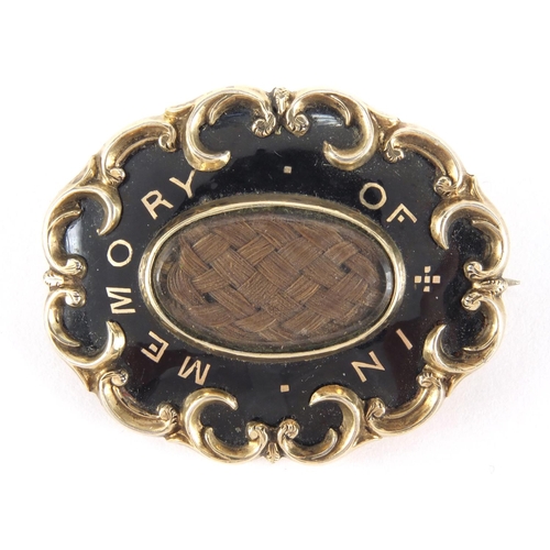 1013 - Victorian gilt metal and black enamel In Memory Of mourning brooch, engraveed Janet McCrie, died 23r... 