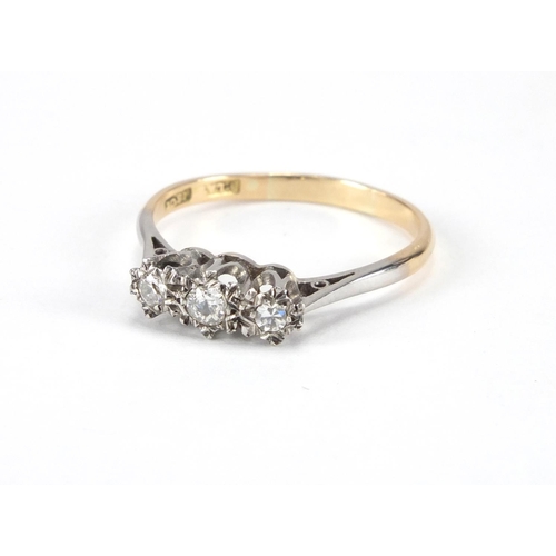 1019 - 18ct gold diamond three stone ring, size R, approximate weight 2.4g