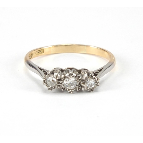 1019 - 18ct gold diamond three stone ring, size R, approximate weight 2.4g