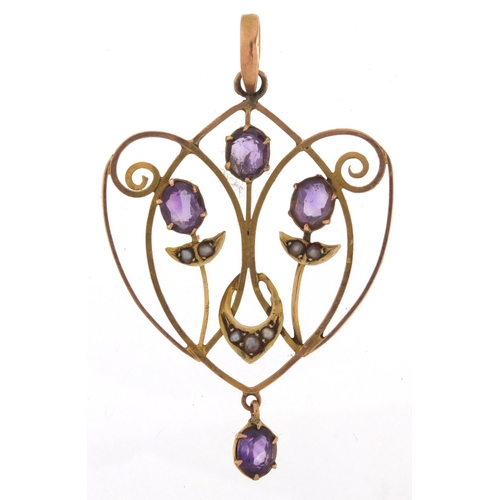 1016 - Art Nouveau 9ct gold amethyst and seed pearl pendant, 4cm in length, approximate weight 2.3g