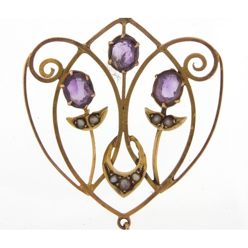 1016 - Art Nouveau 9ct gold amethyst and seed pearl pendant, 4cm in length, approximate weight 2.3g