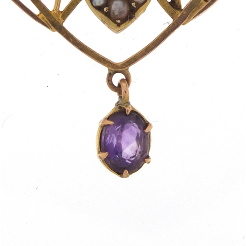 1016 - Art Nouveau 9ct gold amethyst and seed pearl pendant, 4cm in length, approximate weight 2.3g