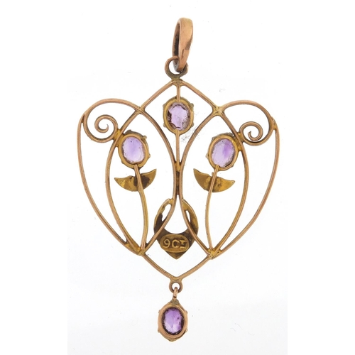 1016 - Art Nouveau 9ct gold amethyst and seed pearl pendant, 4cm in length, approximate weight 2.3g