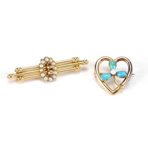 1018 - Two 15ct gold brooches - one seed pearl buckle and a turquoise and pearl love heart, the largest 4.5... 