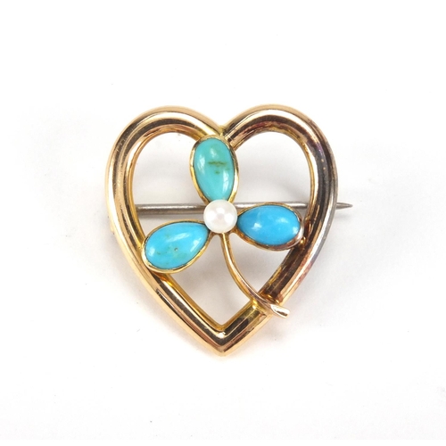 1018 - Two 15ct gold brooches - one seed pearl buckle and a turquoise and pearl love heart, the largest 4.5... 