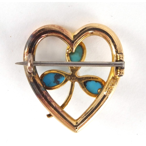 1018 - Two 15ct gold brooches - one seed pearl buckle and a turquoise and pearl love heart, the largest 4.5... 