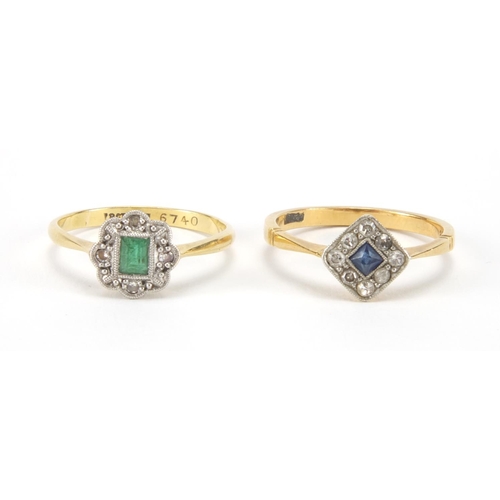 1035 - Two 18ct gold rings set with diamonds, sapphire and emerald, both size M, approximate weight 4.5g